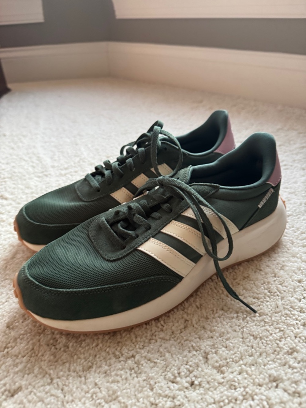adidas Dark Green and Cream Retro Runner Sneakers with Pink Heel Accent